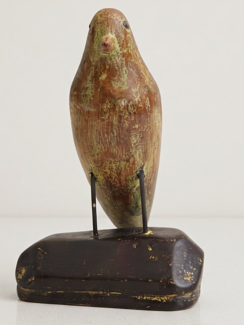 Vintage Hand Carved Wood Bird Sculpture Metal Legs Folk Art Statue 9.5" Tall MCM